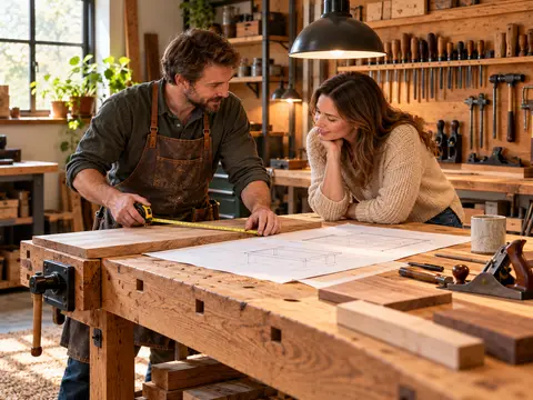 Handwerker bei der Vor-Ort-Beratung mit Planungsunterlagen