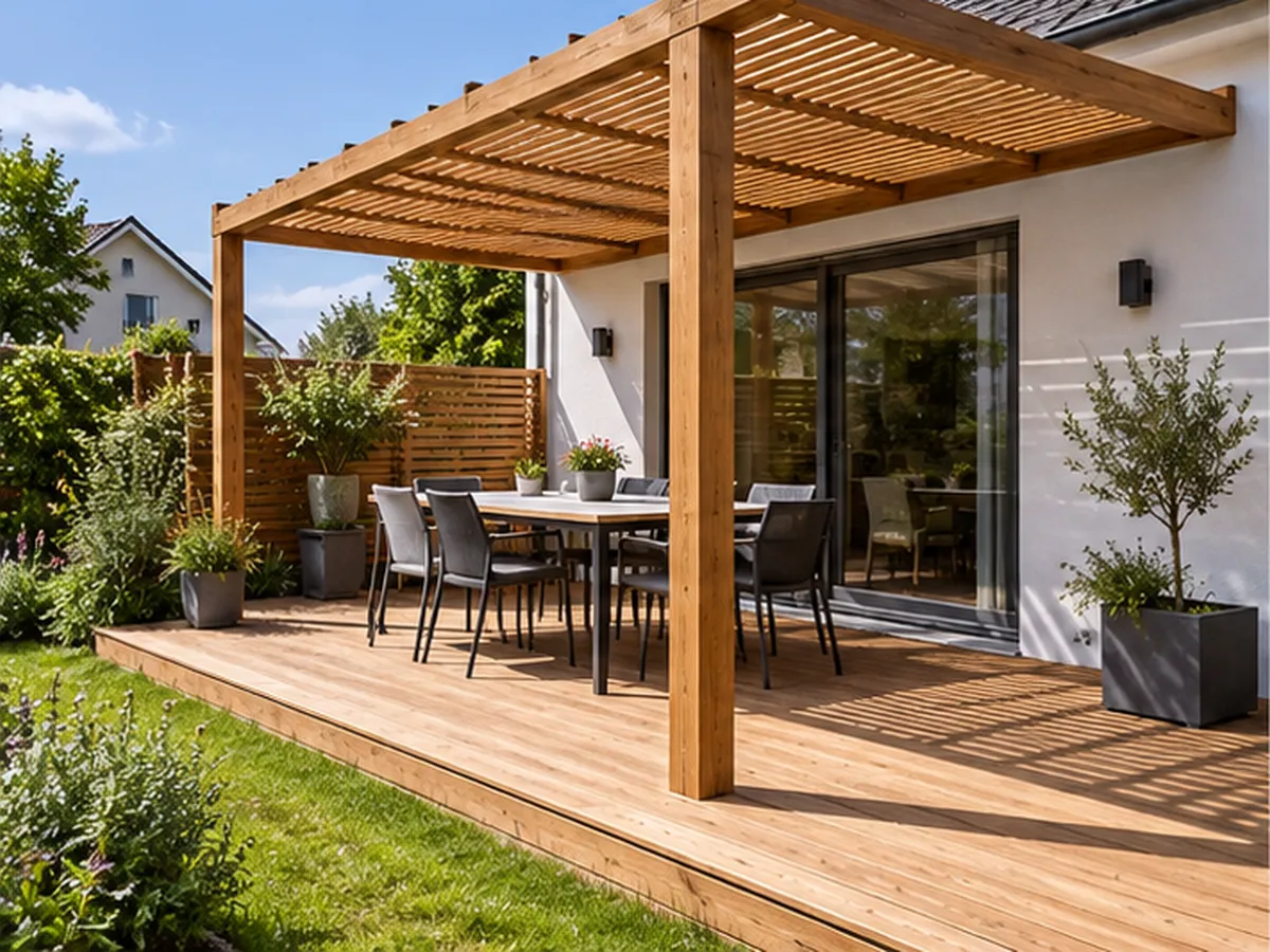 Fertiggestellte Holzterrasse mit Pergola und integrierter Sitzkante